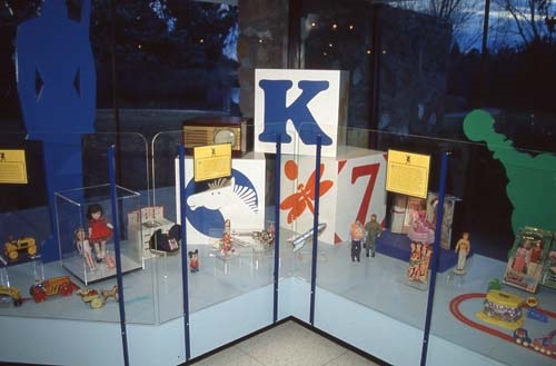 Vintage toys in an exhibit display case